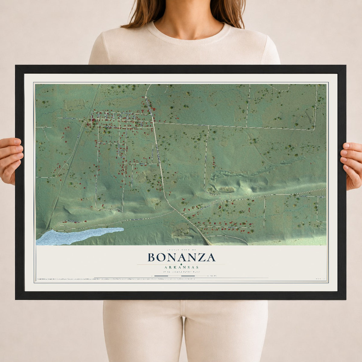 Map of Bonanza, Arkansas, 18 x 24 inch print in a black wood frame