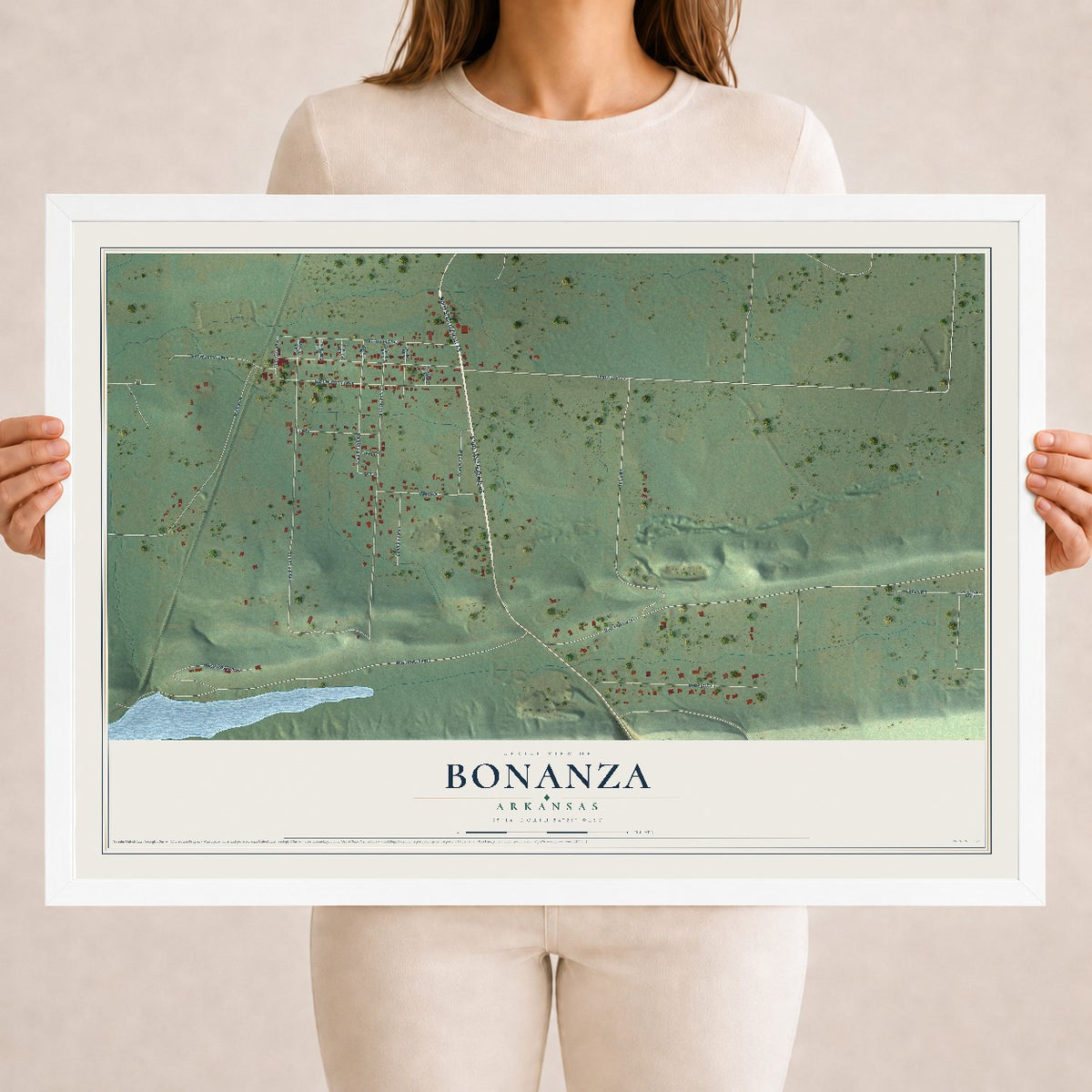 Map of Bonanza, Arkansas, 18 x 24 inch print in a white wood frame