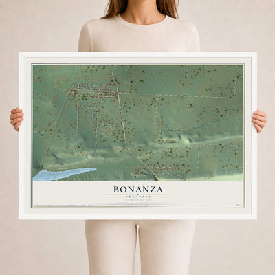 Map of Bonanza, Arkansas, 24 x 36 inch print in a white wood frame