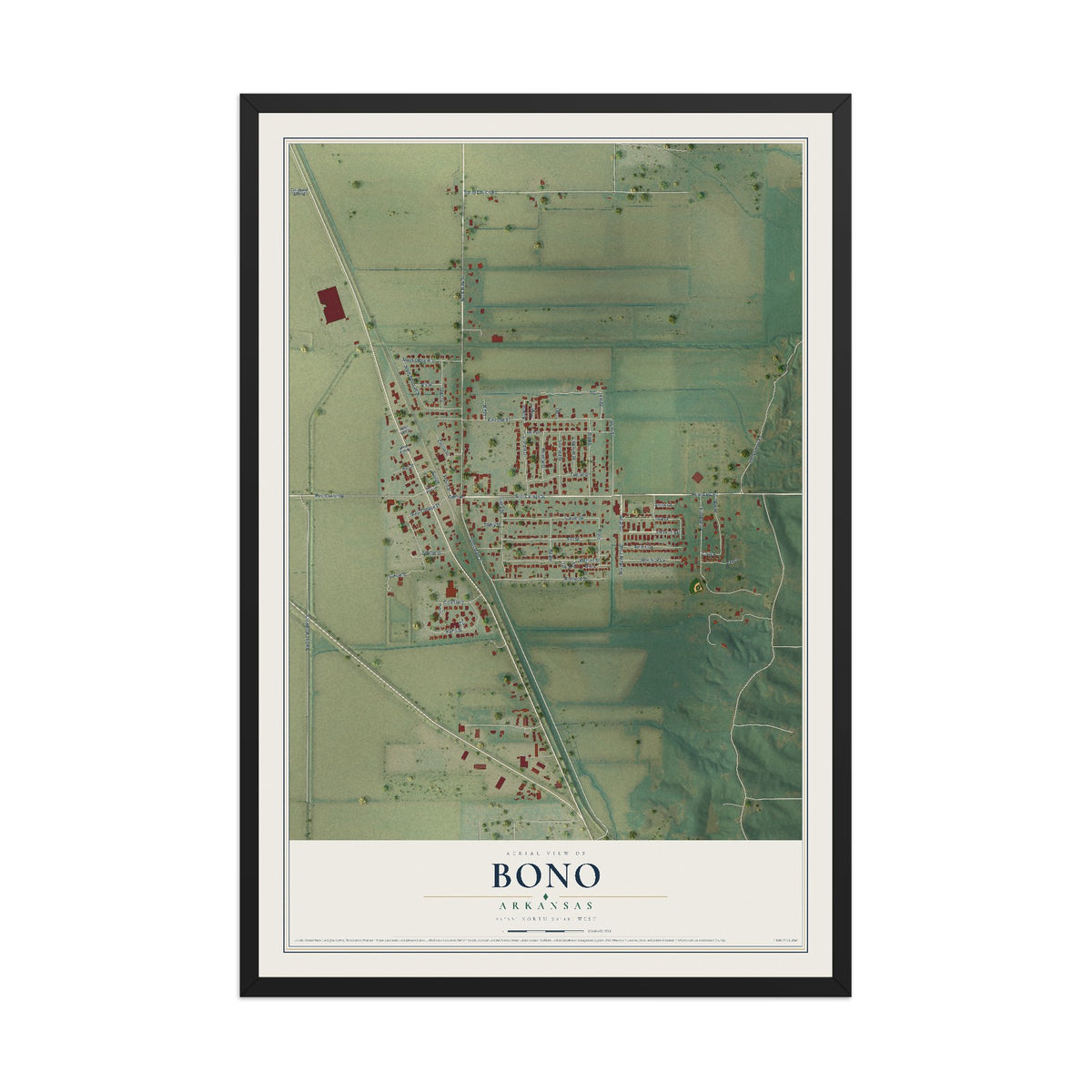 Map of Bono, Arkansas, 12 x 18 inch print in a black wood frame