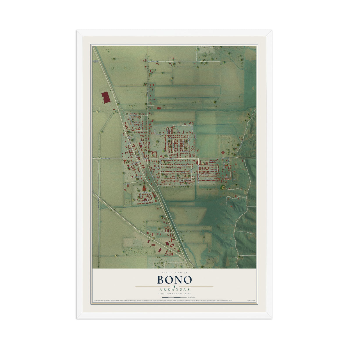 Map of Bono, Arkansas, 12 x 18 inch print in a white wood frame