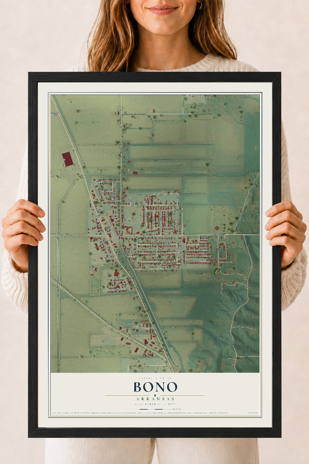 Map of Bono, Arkansas, 18 x 24 inch print in a black wood frame