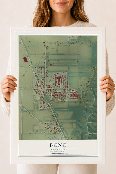 Map of Bono, Arkansas, 18 x 24 inch print in a white wood frame