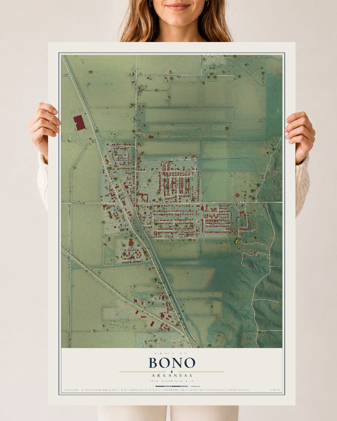 Map of Bono, Arkansas, 24 x 36 inch unframed archival matte print