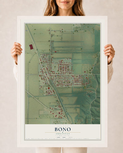 Map of Bono, Arkansas, 24 x 36 inch print in a white wood frame