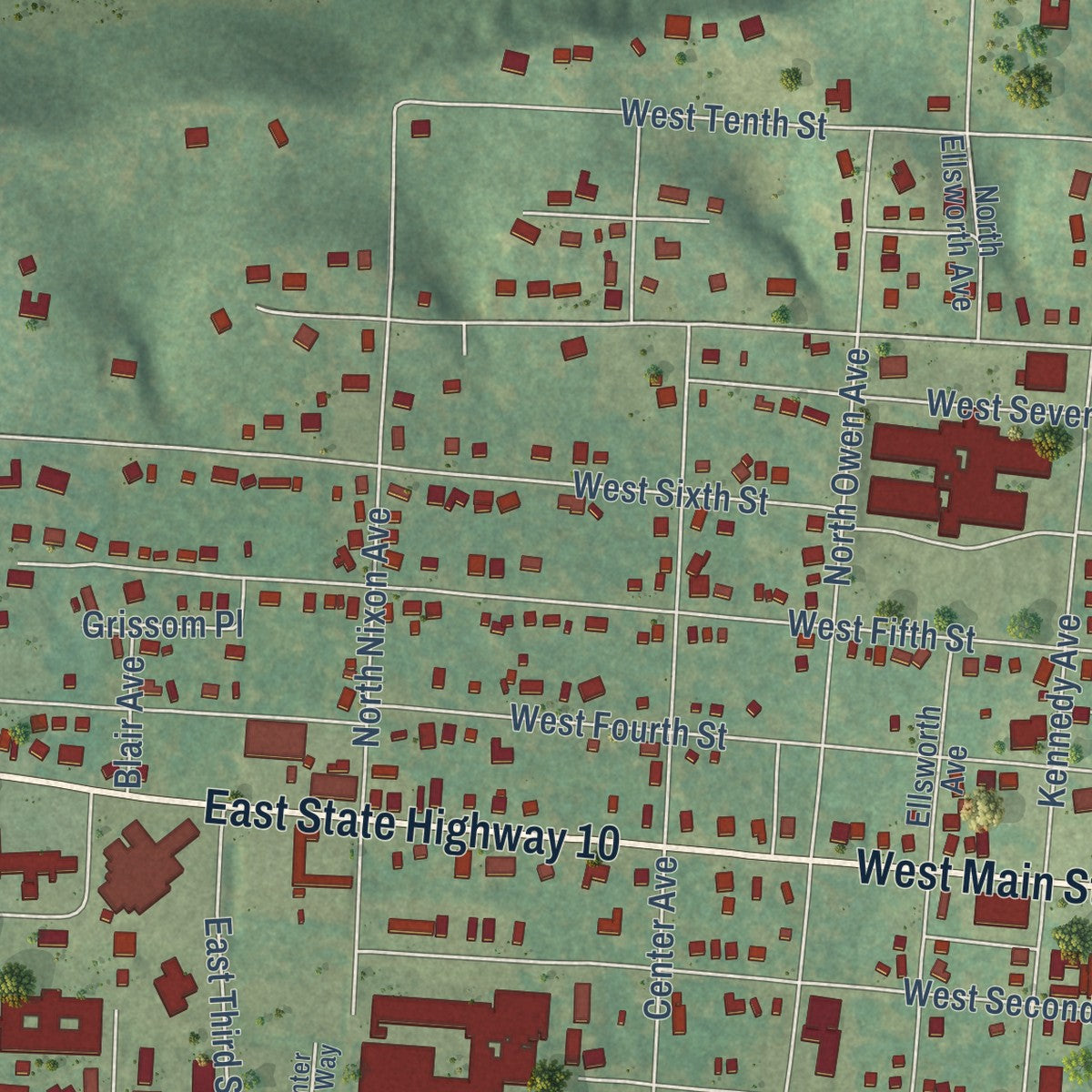 Close-up of the map of Booneville, Arkansas print showing street and building detail