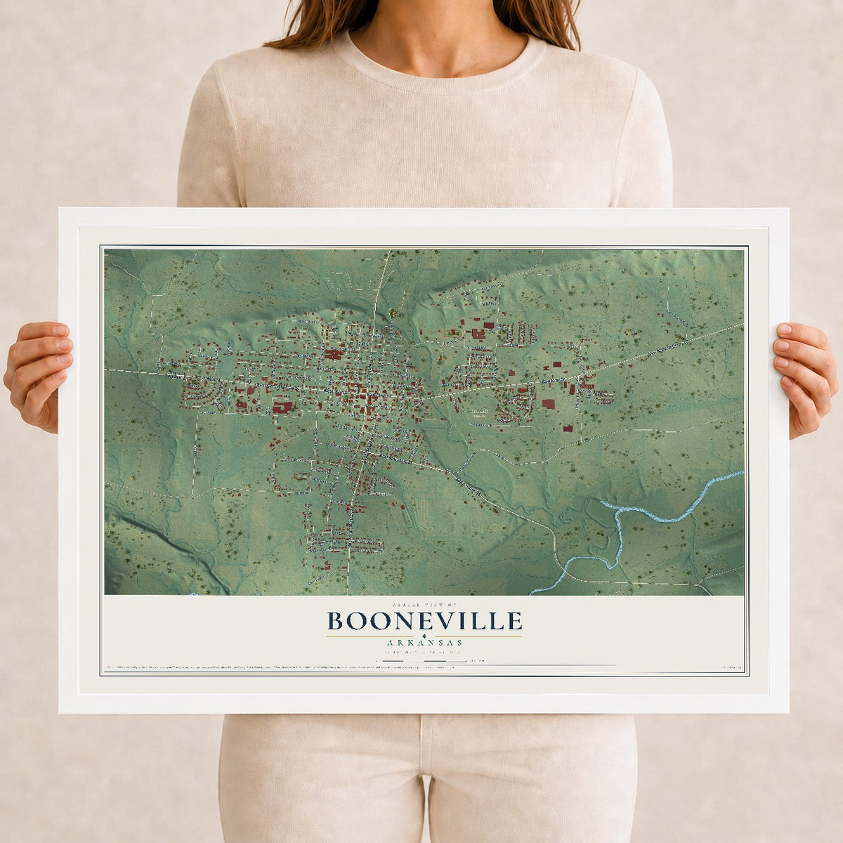 Map of Booneville, Arkansas, 12 x 18 inch print in a white wood frame