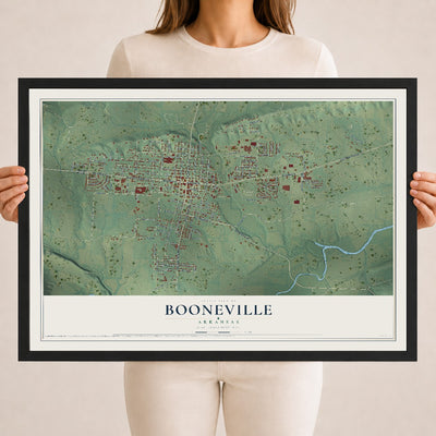 Map of Booneville, Arkansas, 18 x 24 inch print in a black wood frame