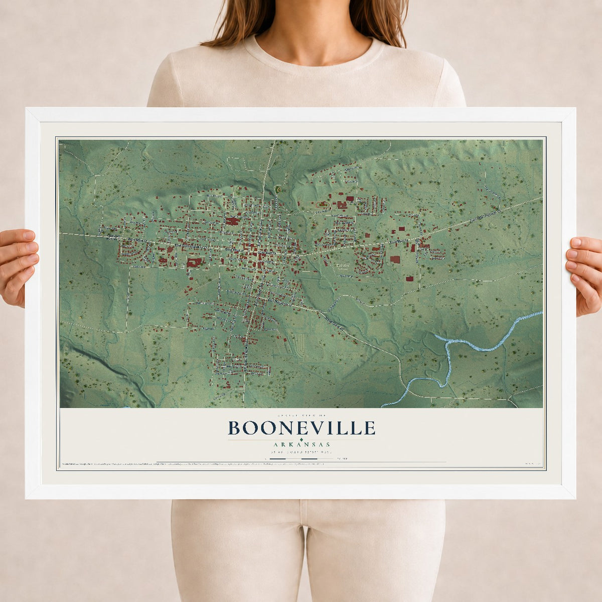 Map of Booneville, Arkansas, 18 x 24 inch print in a white wood frame