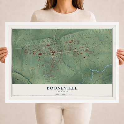 Map of Booneville, Arkansas, 18 x 24 inch print in a white wood frame
