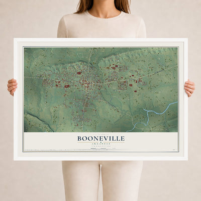 Map of Booneville, Arkansas, 24 x 36 inch print in a white wood frame