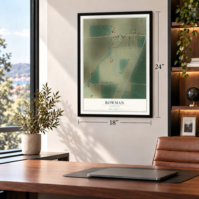 Bowman, Arkansas map, 18 x 24 inch print in a black frame in a home office