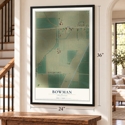 Bowman, Arkansas map, 24 x 36 inch print in a black frame by a staircase