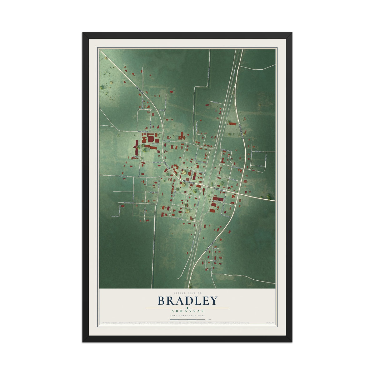 Map of Bradley, Arkansas, 12 x 18 inch print in a black wood frame