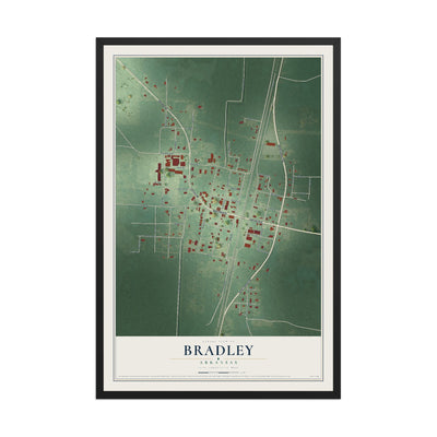Map of Bradley, Arkansas, 12 x 18 inch print in a black wood frame