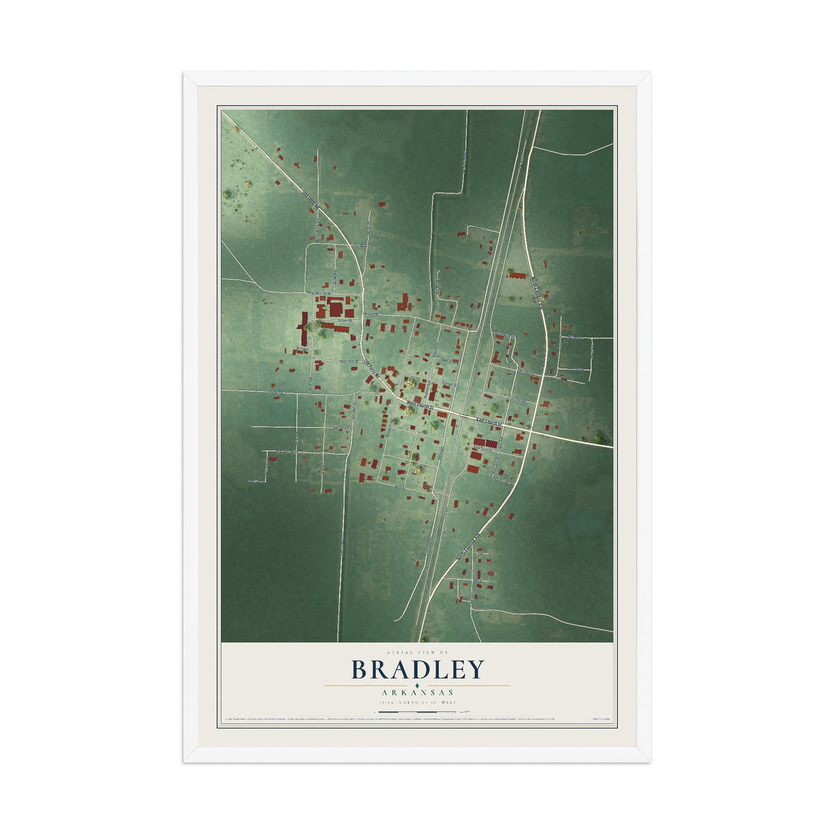 Map of Bradley, Arkansas, 12 x 18 inch print in a white wood frame