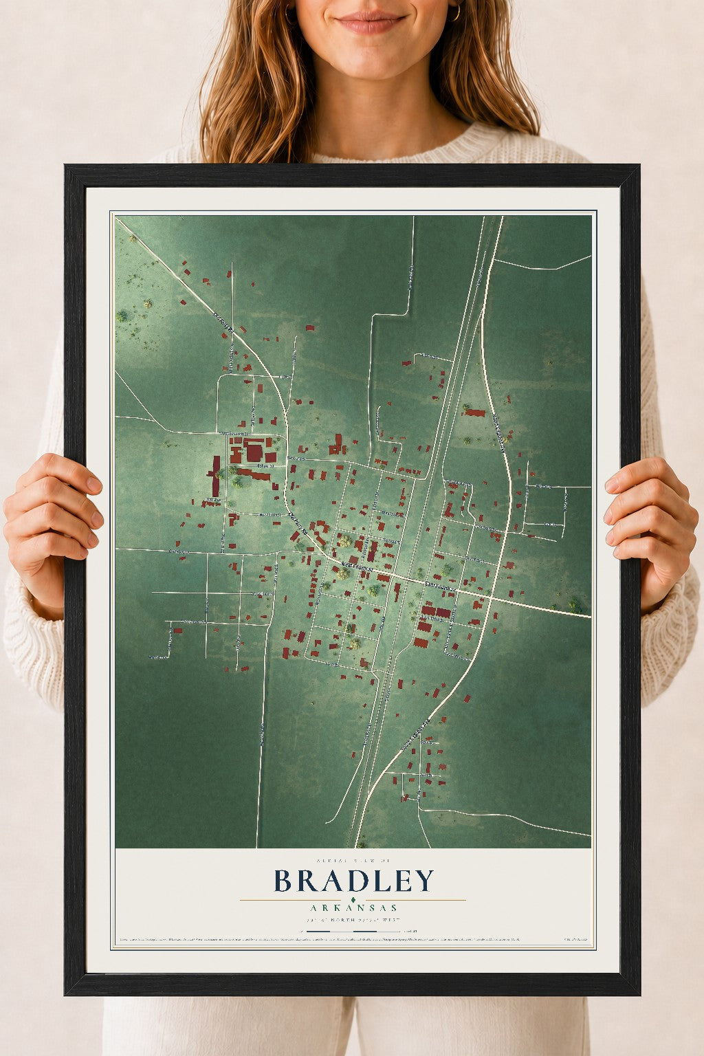 Map of Bradley, Arkansas, 18 x 24 inch print in a black wood frame
