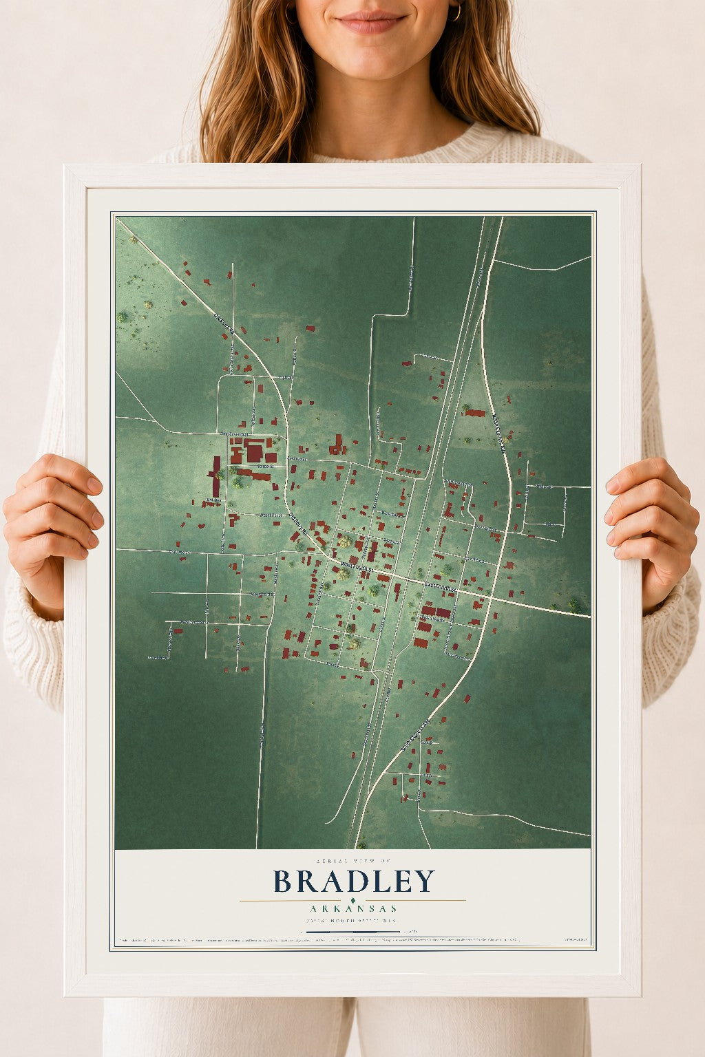 Map of Bradley, Arkansas, 18 x 24 inch print in a white wood frame