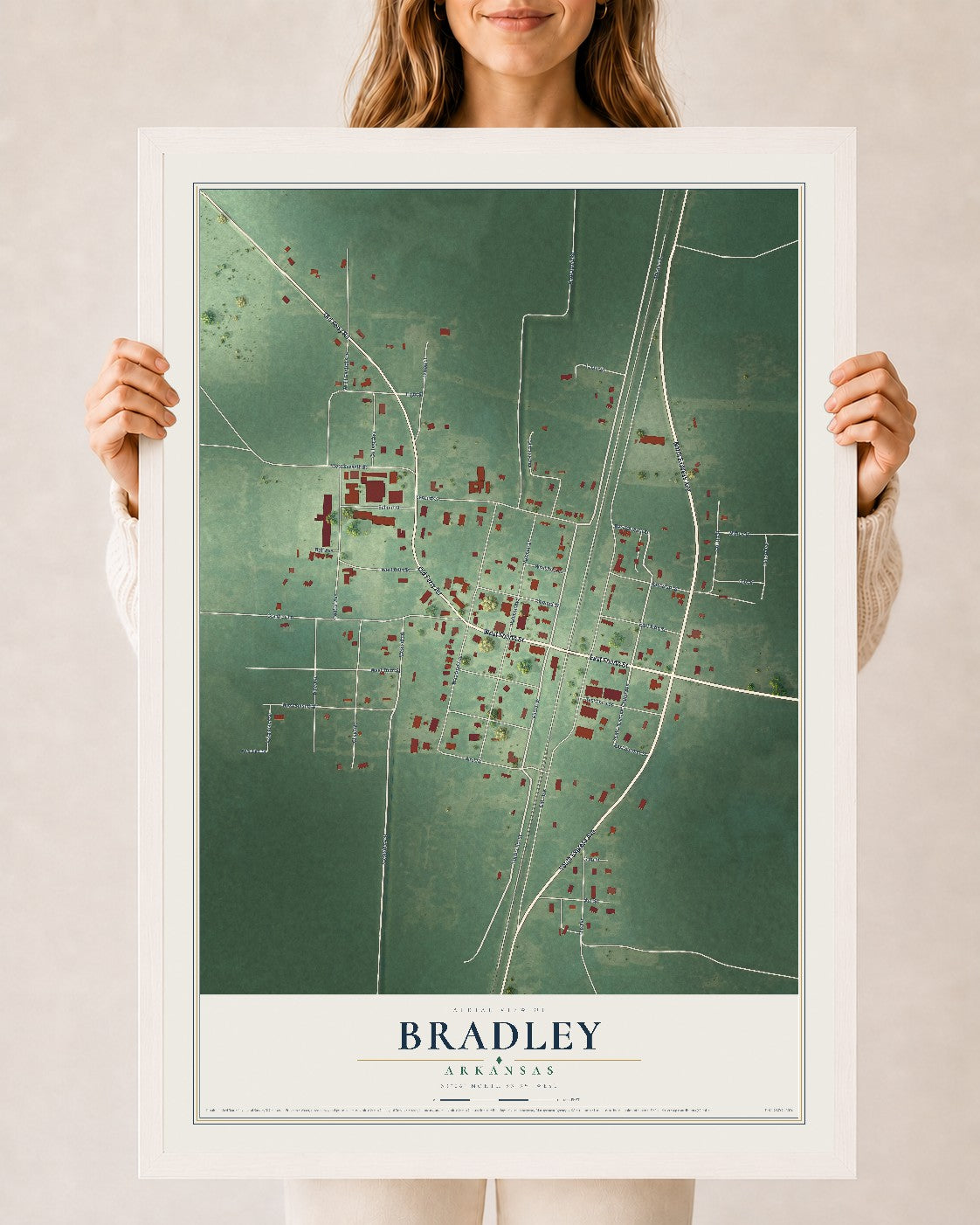 Map of Bradley, Arkansas, 24 x 36 inch print in a white wood frame