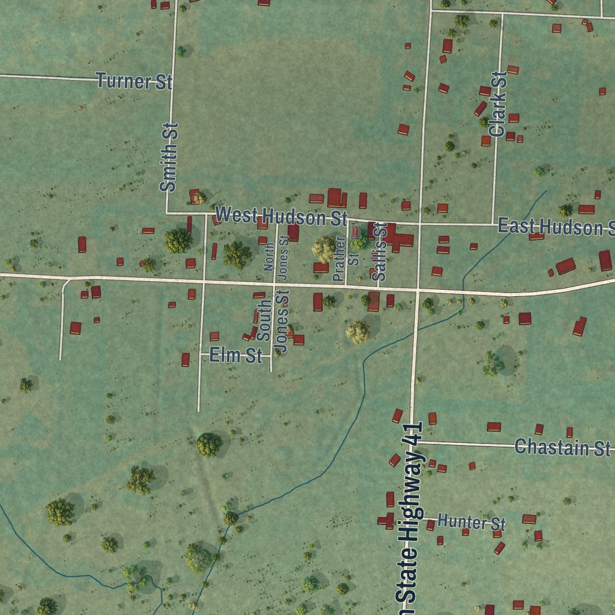 Close-up of the map of Branch, Arkansas print showing street and building detail
