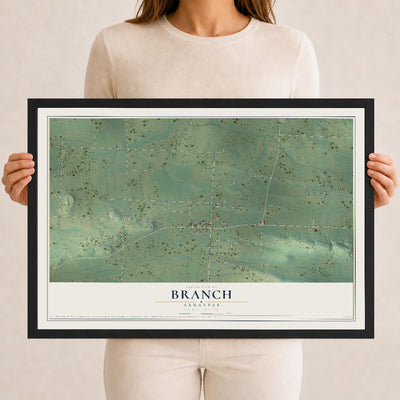 Map of Branch, Arkansas, 12 x 18 inch print in a black wood frame