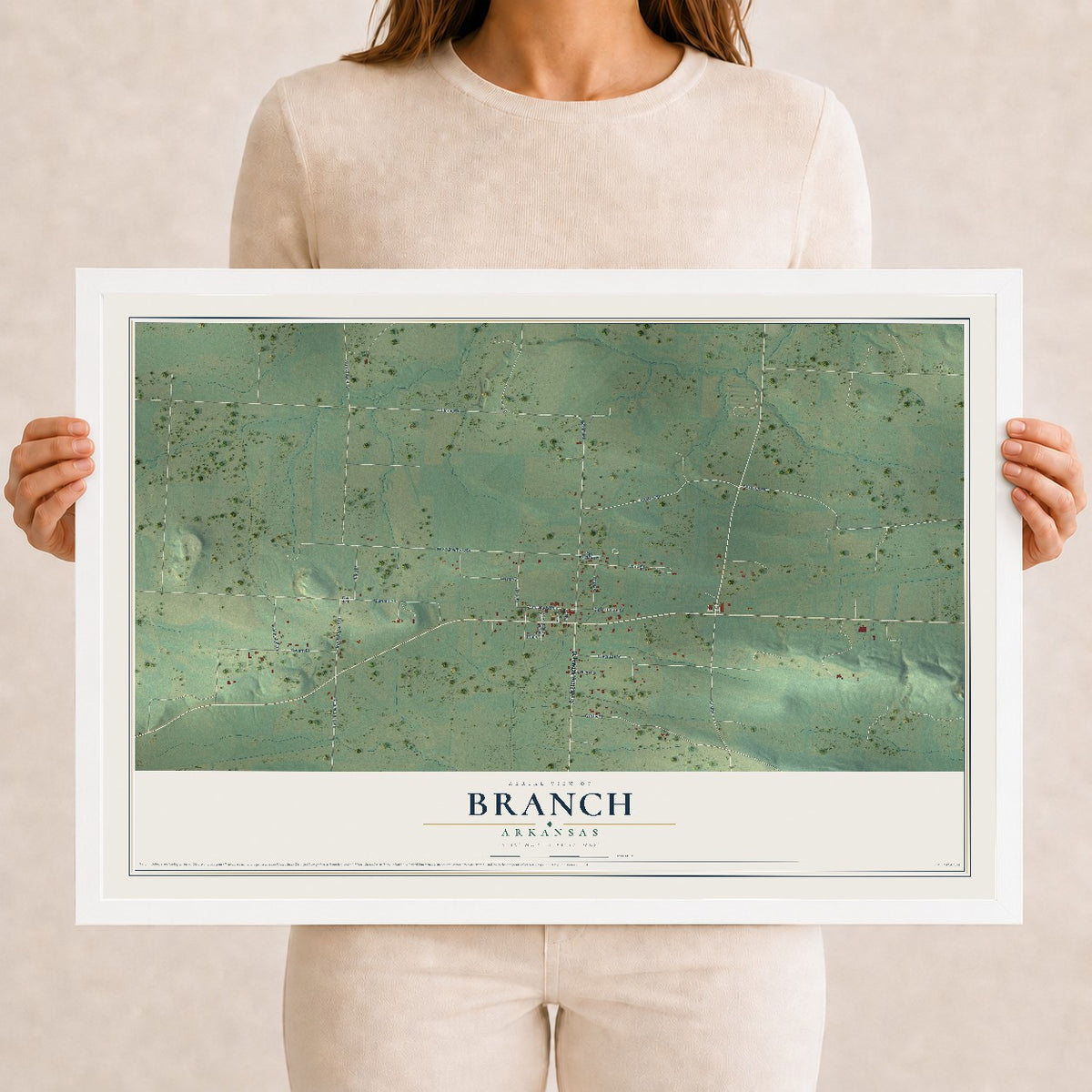 Map of Branch, Arkansas, 12 x 18 inch print in a white wood frame
