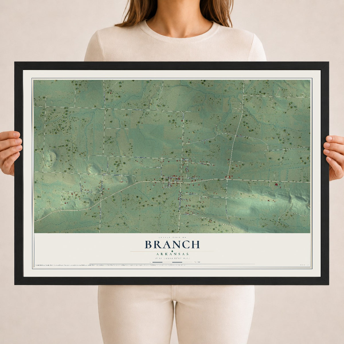 Map of Branch, Arkansas, 18 x 24 inch print in a black wood frame