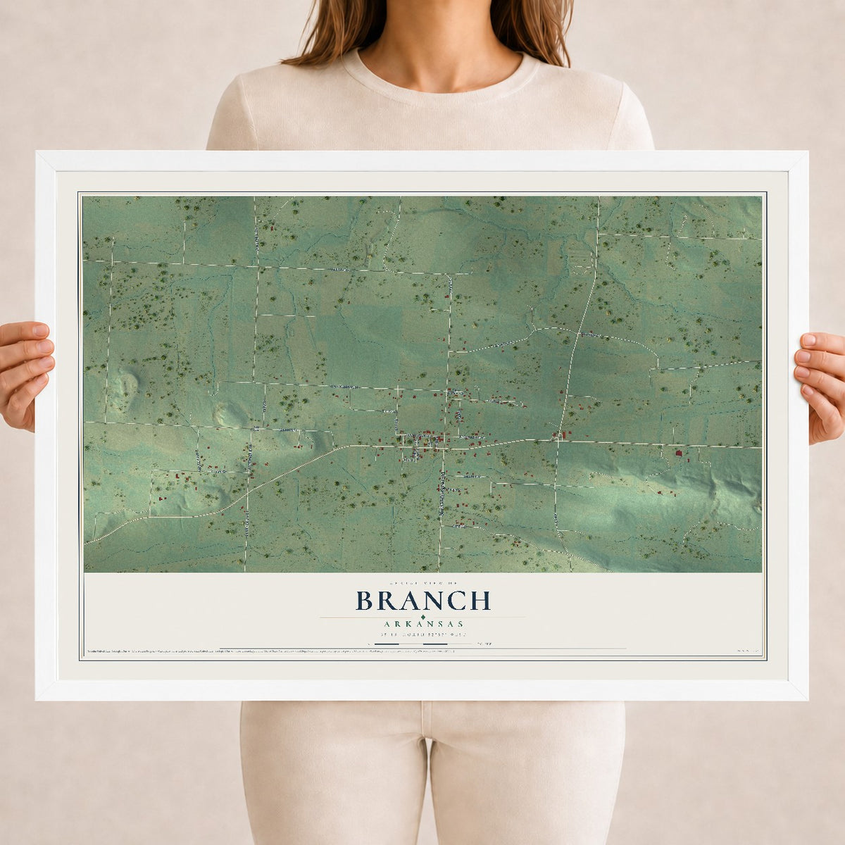 Map of Branch, Arkansas, 18 x 24 inch print in a white wood frame