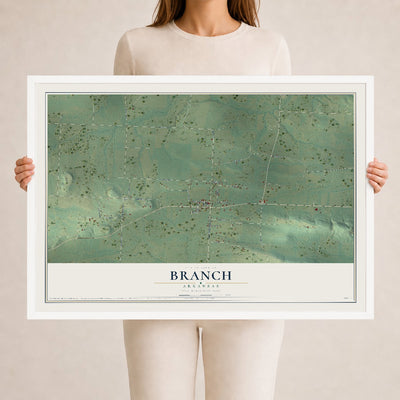 Map of Branch, Arkansas, 24 x 36 inch print in a white wood frame