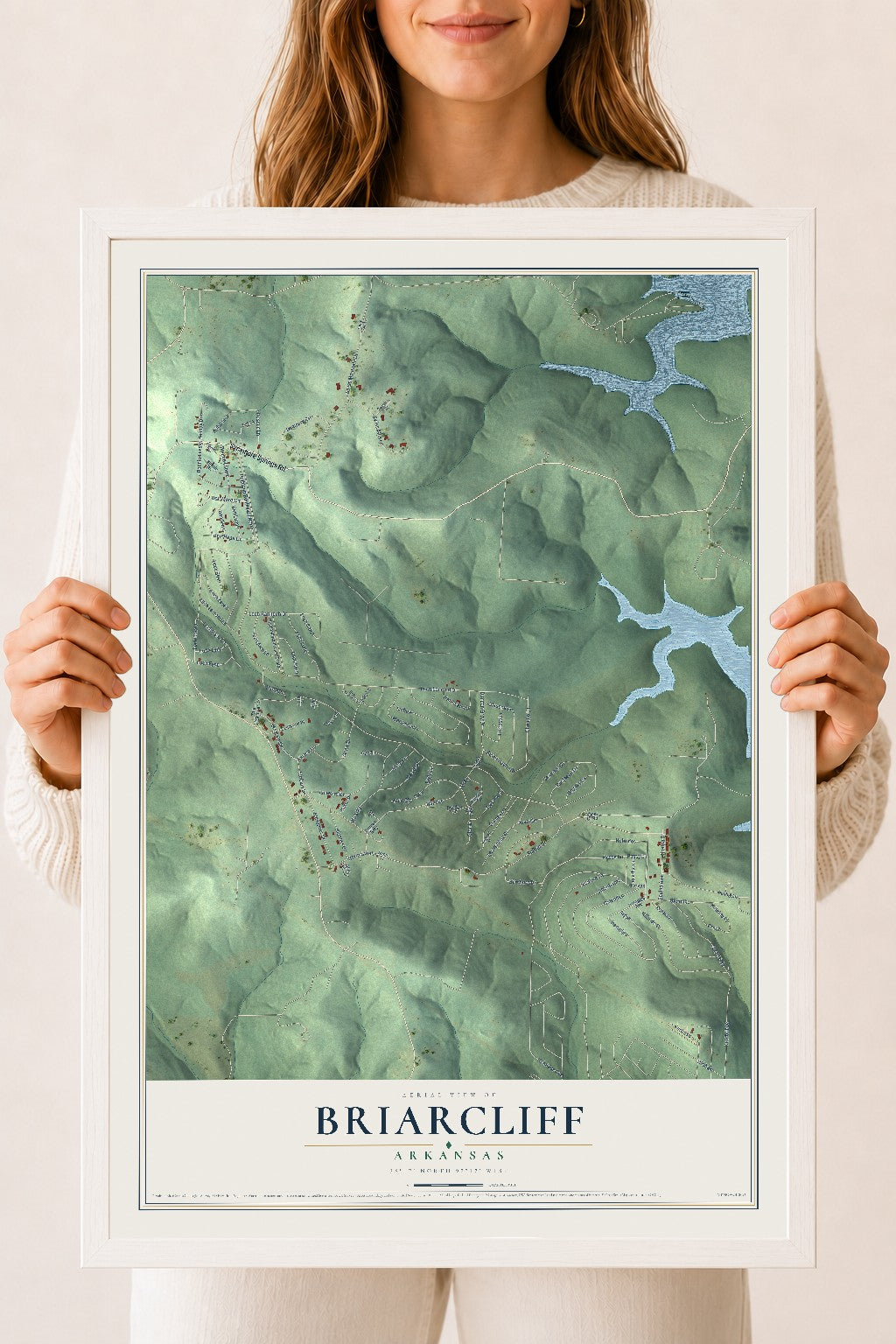 Map of Briarcliff, Arkansas, 18 x 24 inch print in a white wood frame