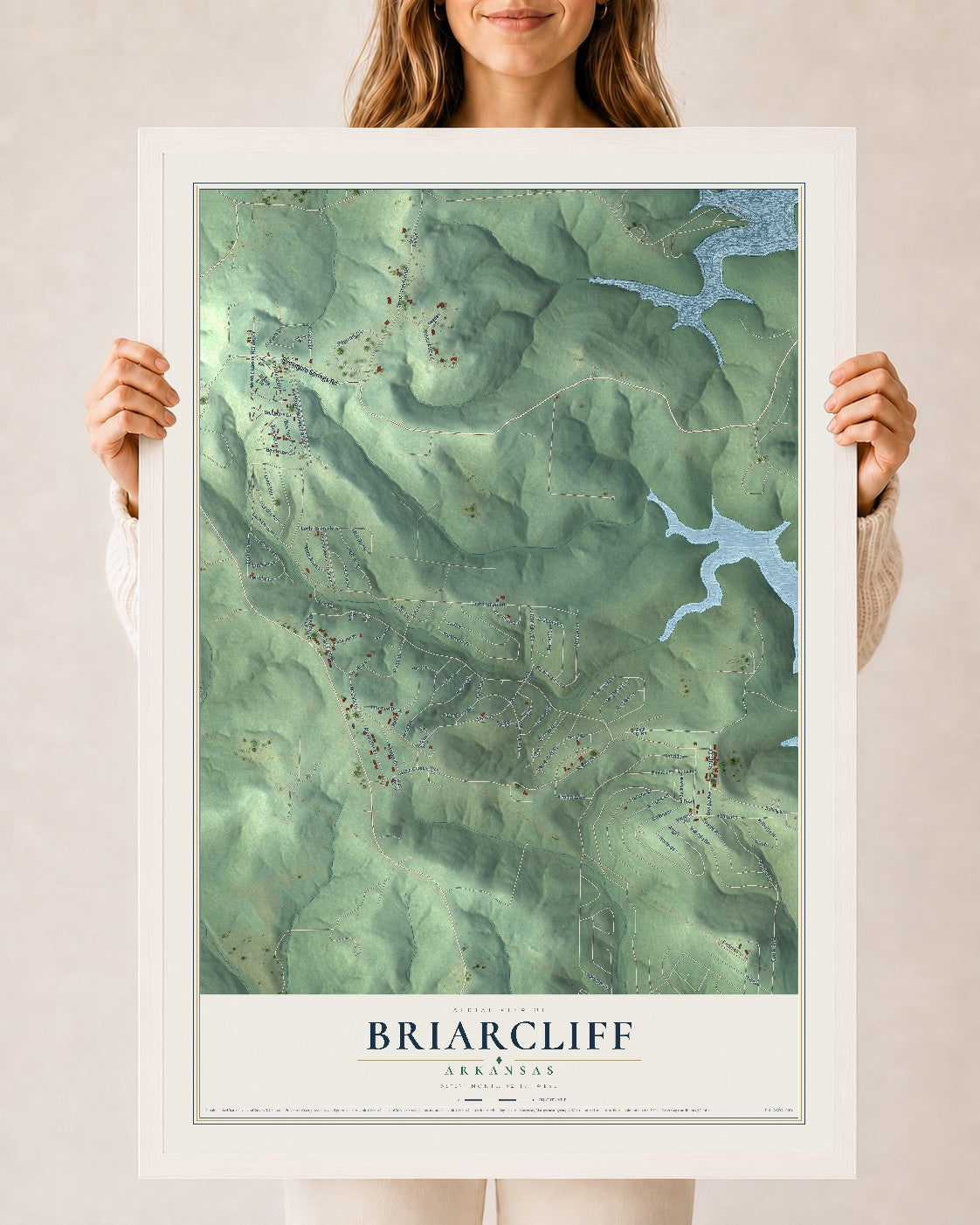 Map of Briarcliff, Arkansas, 24 x 36 inch print in a white wood frame