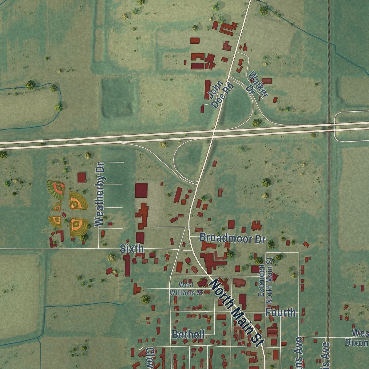 Second close-up of the map of Brinkley, Arkansas print showing more streets and buildings