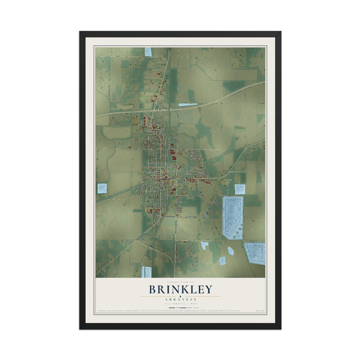 Map of Brinkley, Arkansas, 12 x 18 inch print in a black wood frame