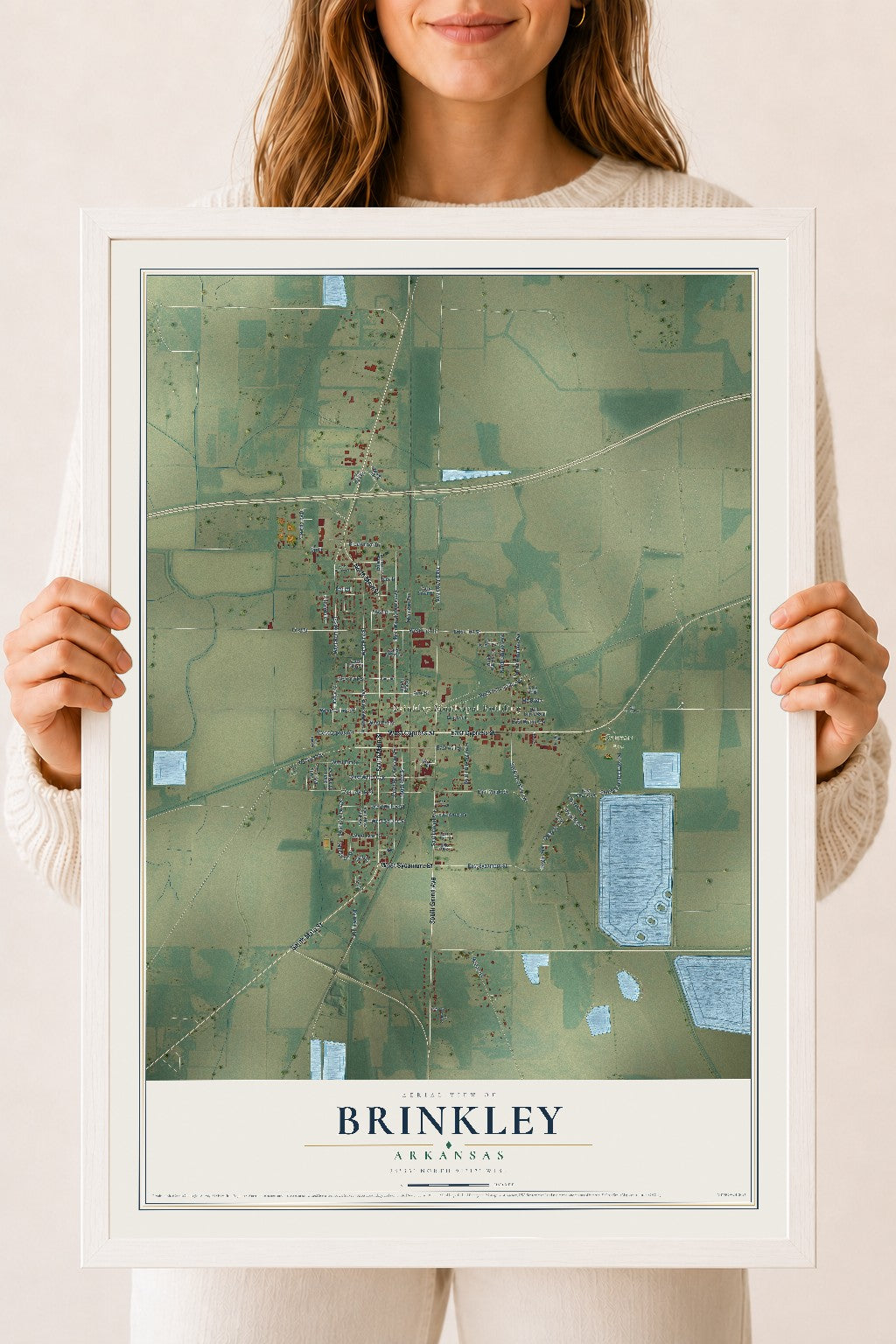 Map of Brinkley, Arkansas, 18 x 24 inch print in a white wood frame