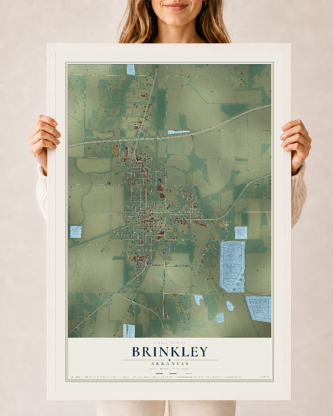 Map of Brinkley, Arkansas, 24 x 36 inch print in a white wood frame