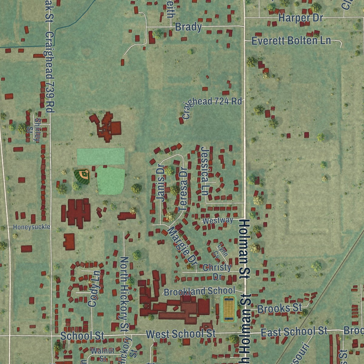 Close-up of the map of Brookland, Arkansas print showing street and building detail