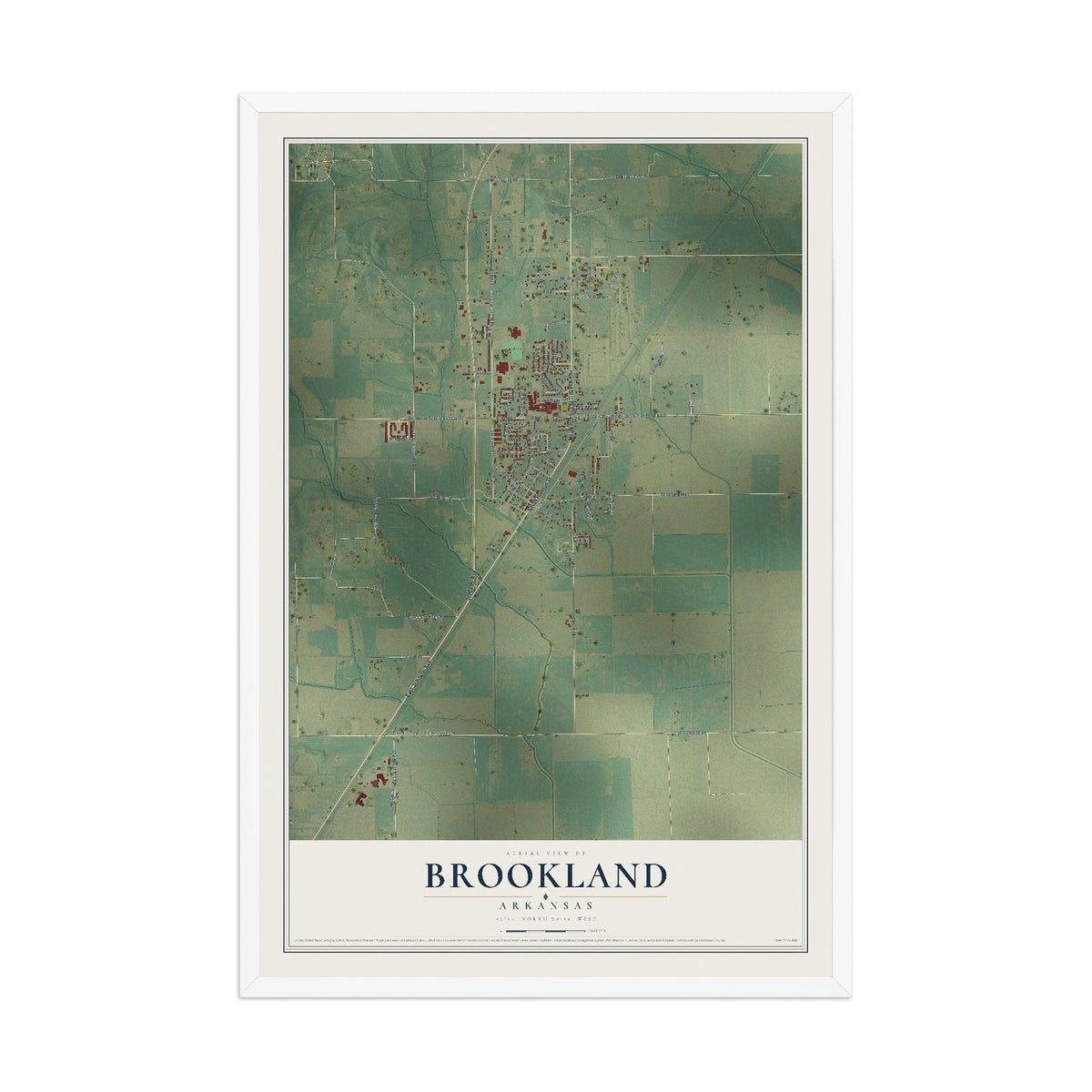 Map of Brookland, Arkansas, 12 x 18 inch print in a white wood frame