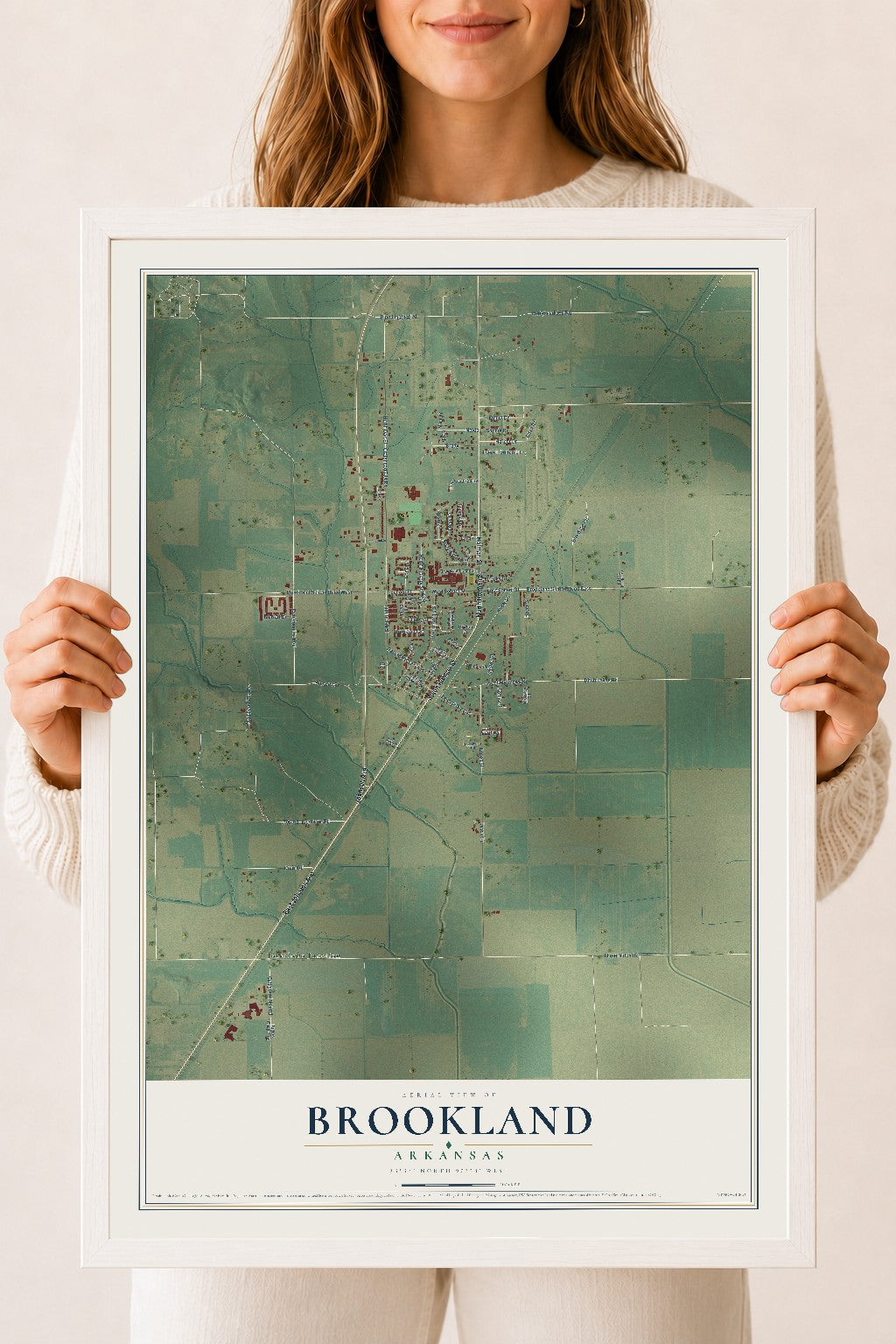 Map of Brookland, Arkansas, 18 x 24 inch print in a white wood frame