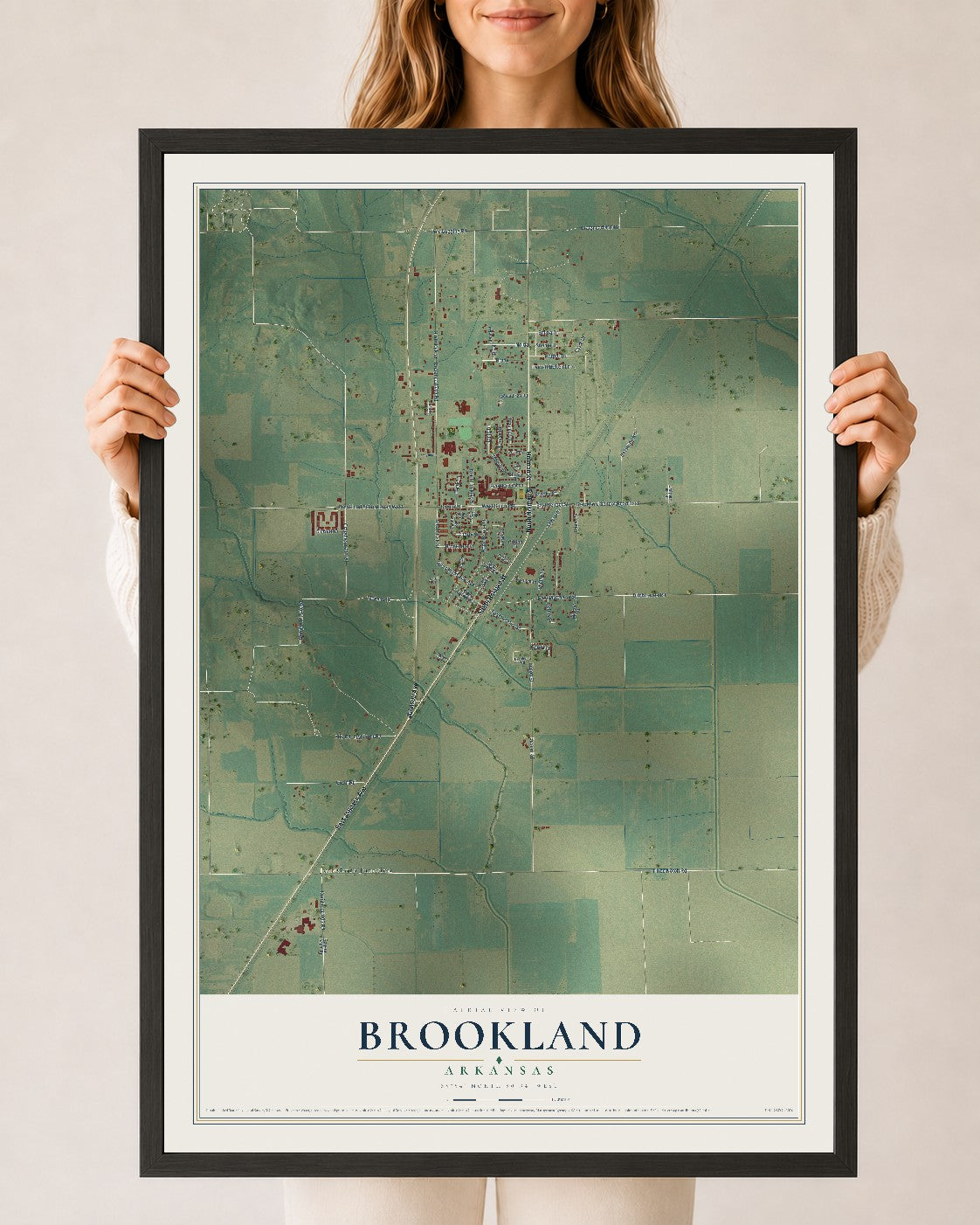Map of Brookland, Arkansas, 24 x 36 inch print in a black wood frame