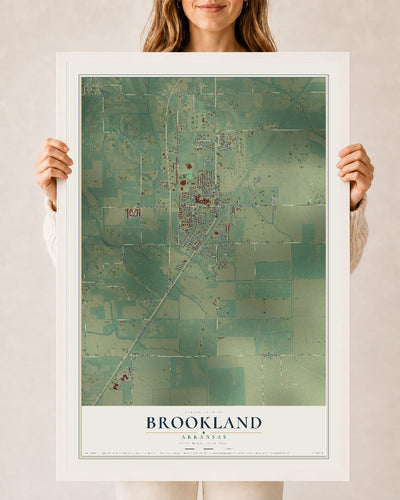 Map of Brookland, Arkansas, 24 x 36 inch print in a white wood frame