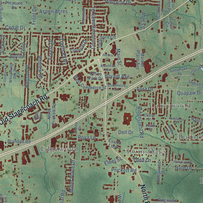Close-up of the map of Bryant, Arkansas print showing street and building detail