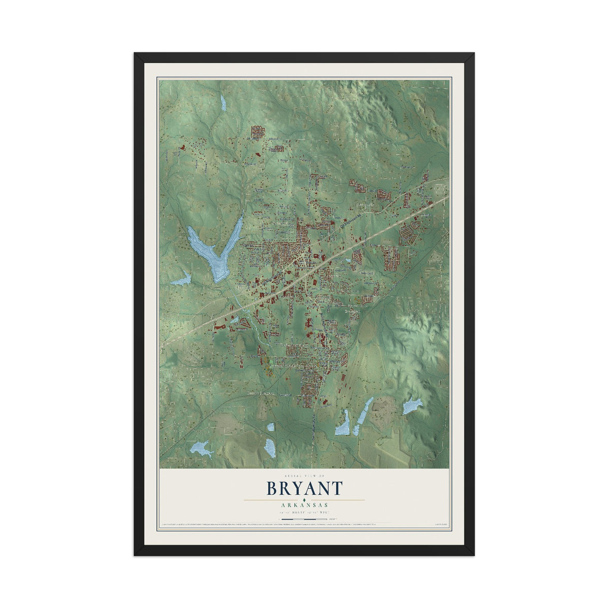 Map of Bryant, Arkansas, 12 x 18 inch print in a black wood frame