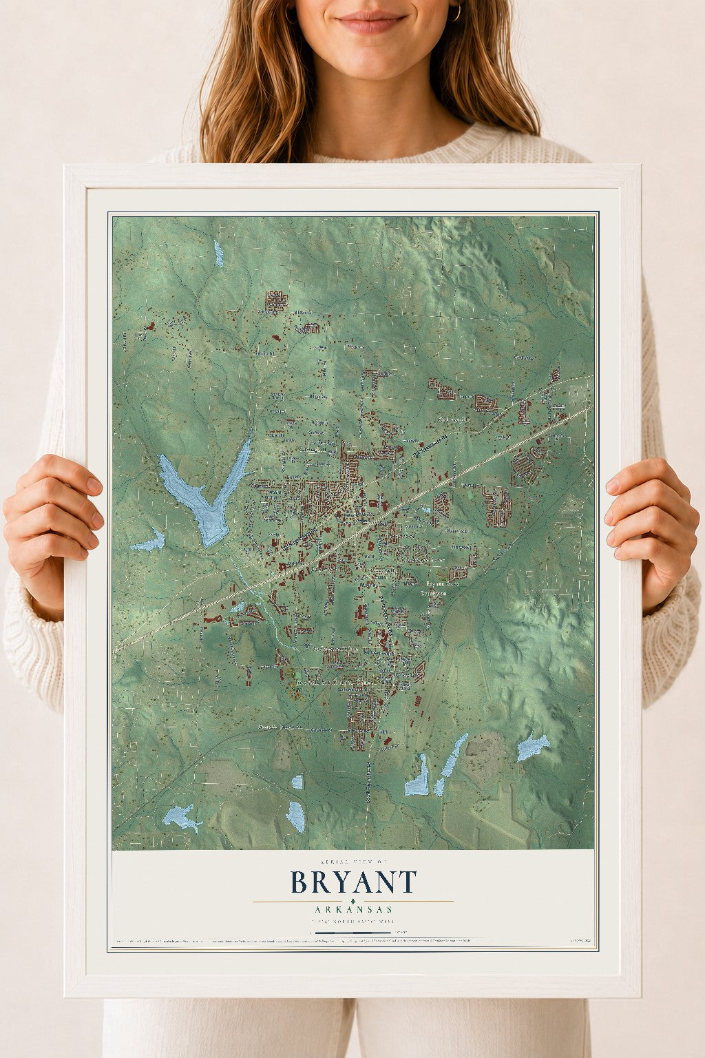 Map of Bryant, Arkansas, 18 x 24 inch print in a white wood frame
