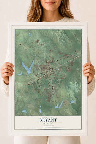 Map of Bryant, Arkansas, 18 x 24 inch print in a white wood frame