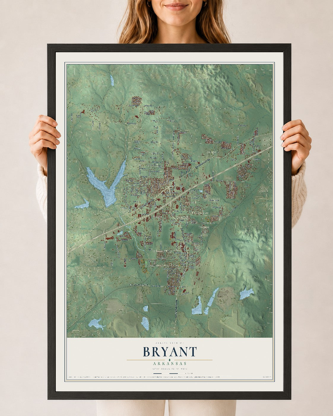 Map of Bryant, Arkansas, 24 x 36 inch print in a black wood frame