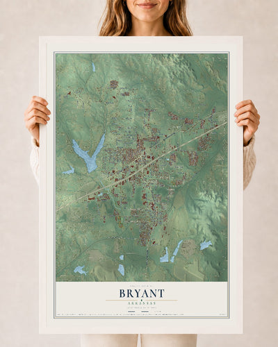 Map of Bryant, Arkansas, 24 x 36 inch print in a white wood frame