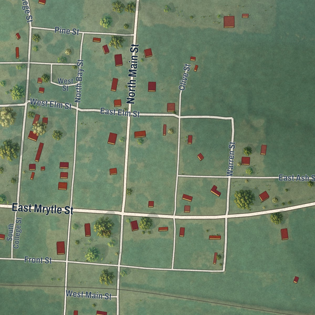 Close-up of the map of Buckner, Arkansas print showing street and building detail