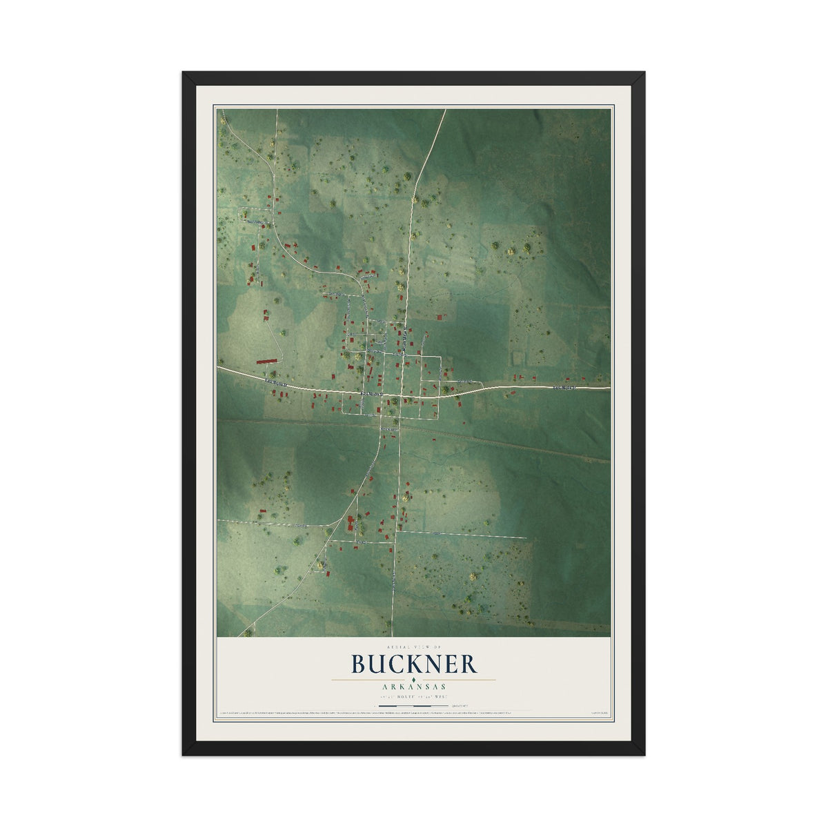 Map of Buckner, Arkansas, 12 x 18 inch print in a black wood frame