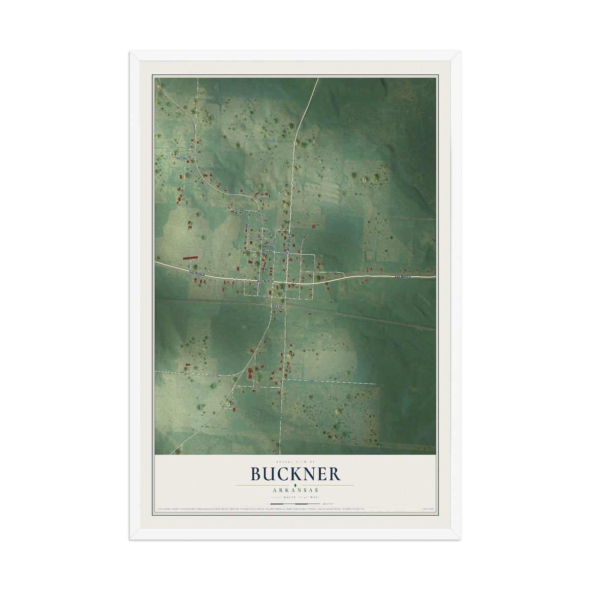 Map of Buckner, Arkansas, 12 x 18 inch print in a white wood frame