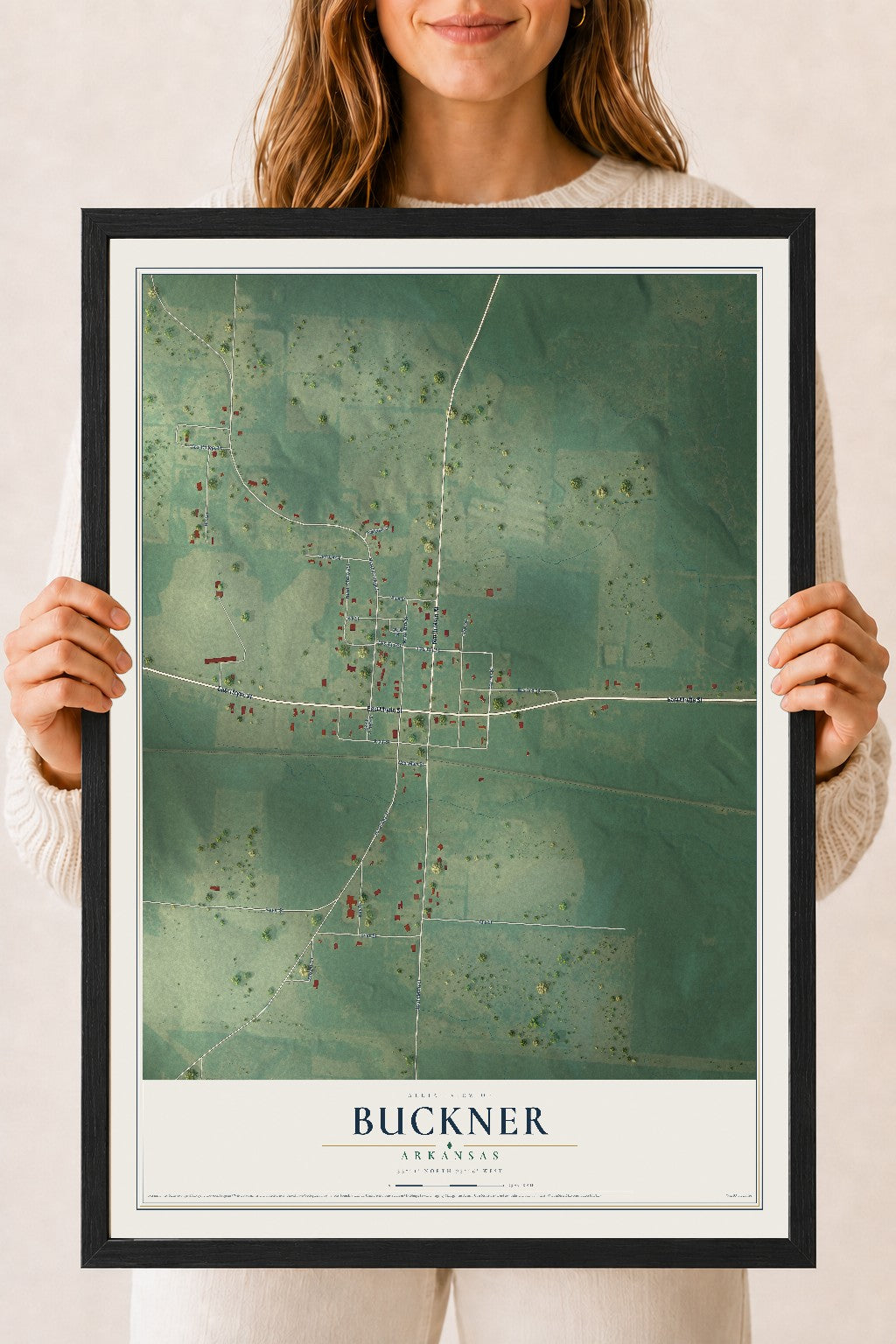 Map of Buckner, Arkansas, 18 x 24 inch print in a black wood frame